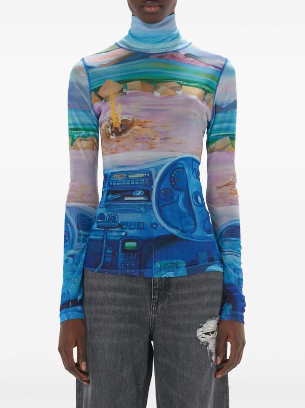 Browns JW Anderson Blue Camper-Print Sheer Top | Browns T-Shirts & Jersey Shirts
