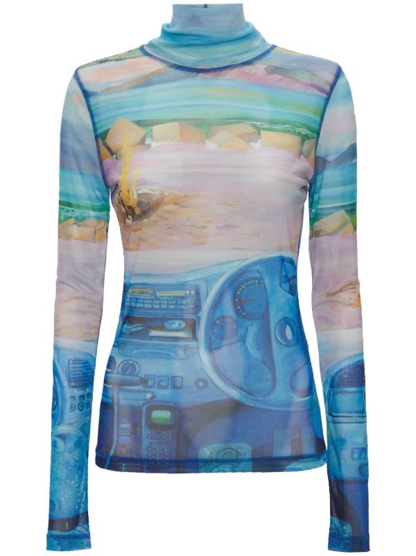 browns JW Anderson Blue Camper-Print Sheer Top | Browns T-Shirts & Jersey Shirts