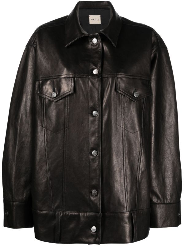 browns KHAITE Black Grizzo Oversized Leather Shirt Jacket | Browns Leather Jackets