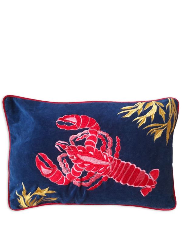 browns Les-Ottomans blue lobster-embroidered linen cushion | Browns Cushions