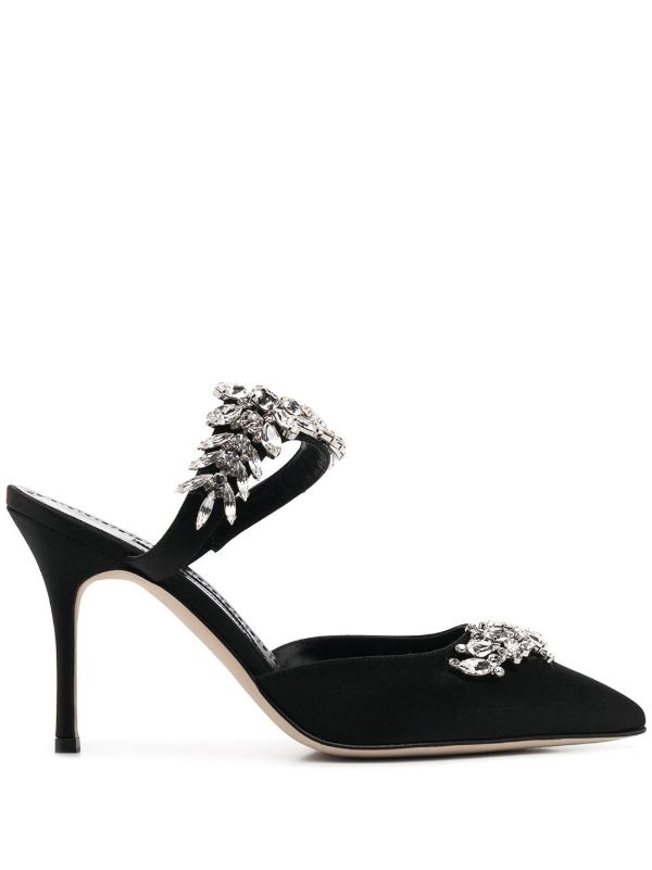 browns Manolo Blahnik black Lurum 90 crystal satin pumps | Browns Pumps