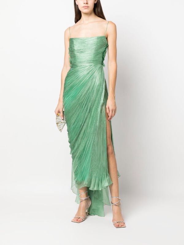 Browns Maria Lucia Hohan Green Siona Plissé Silk Midi Dress | Browns Cocktail & Party Dresses