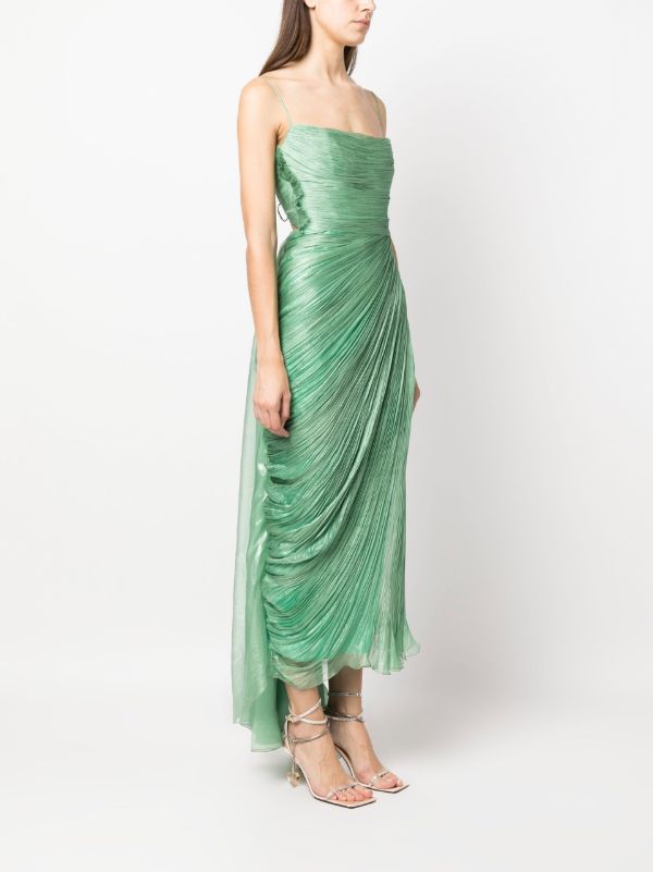 Browns Maria Lucia Hohan Green Siona Plissé Silk Midi Dress | Browns Cocktail & Party Dresses