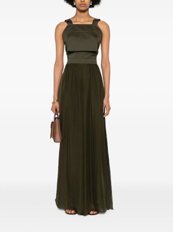 Browns Max Mara Khaki Green Sleeveless Cotton And Silk Midi Dress | Browns Cocktail & Party Dresses