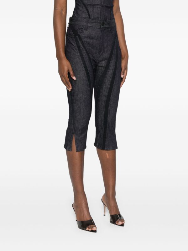 Browns Mugler Black Mesh-Panelled Capri Jeans | Browns Cropped Jeans