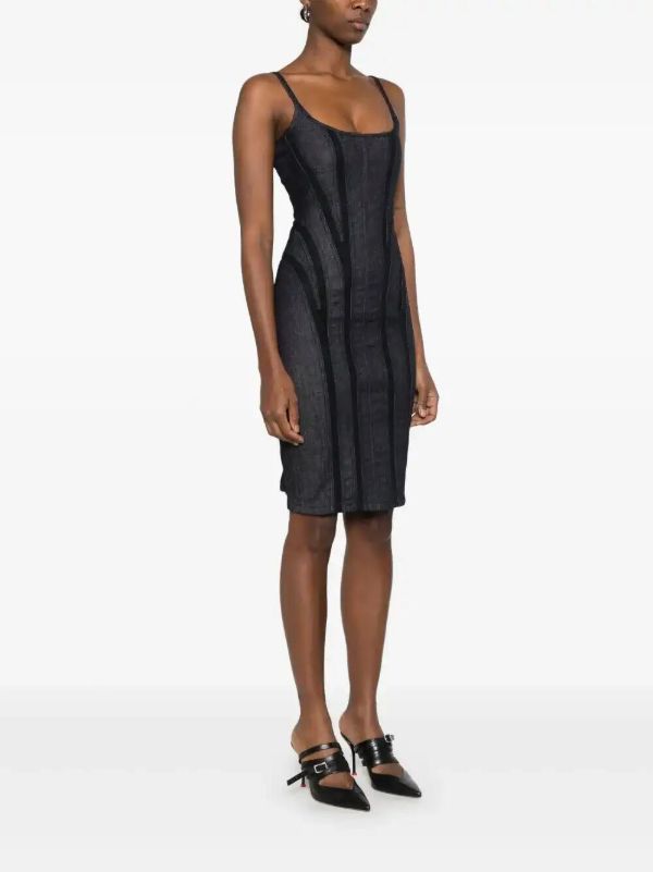 Browns Mugler Mesh-Detailing Denim Midi Dress | Browns Cocktail & Party Dresses