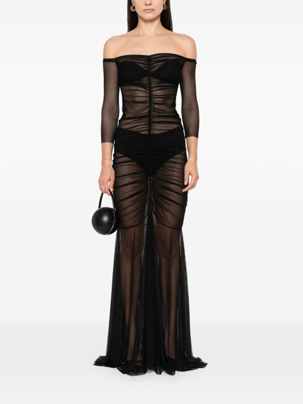 Browns Norma Kamali Black Off-Shoulder Shirred Gown | Browns Evening Dresses