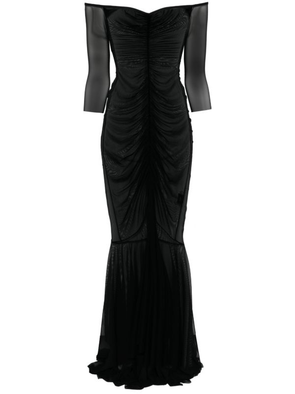 browns Norma Kamali Black Off-Shoulder Shirred Gown | Browns Evening Dresses
