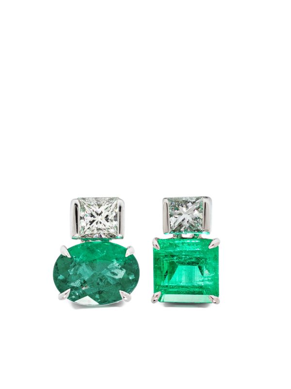 browns Sauer 18K White Gold Agnes Emerald And Diamond Stud Earrings | Browns Fine Earrings