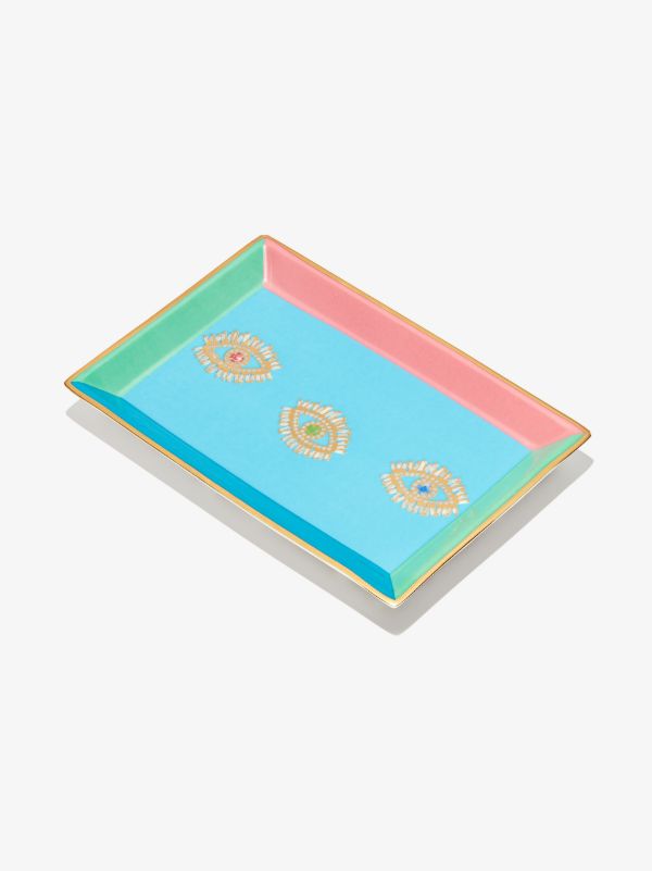 browns Suzanne Kalan X Jonathan Adler blue Three Evil Eyes porcelain jewellery tray | Browns Trays