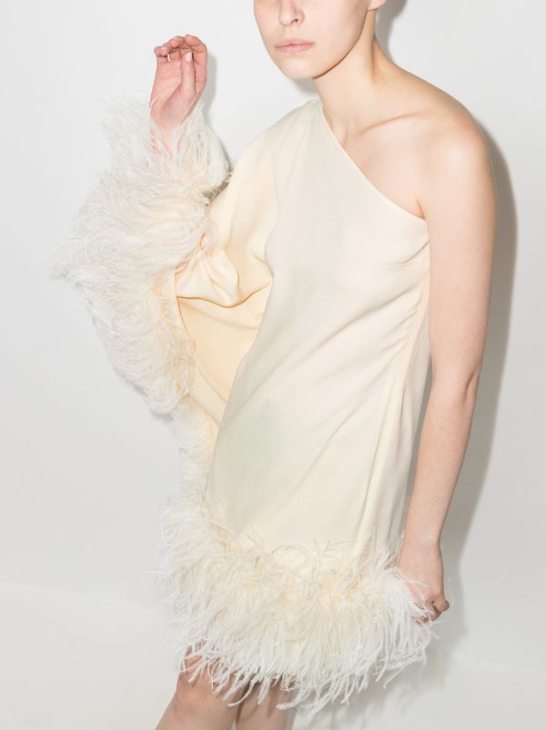 Browns Taller Marmo Neutral Piccolo Asymmetric Feather-trim Mini Dress | Browns Cocktail & Party Dresses