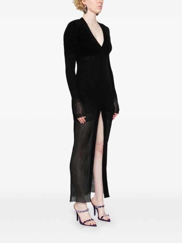 Browns The Attico Black V-neck Ribbed Midi Dress | Browns Cocktail & Party Dresses