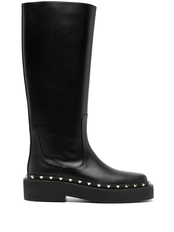 browns Valentino Garavani black Rockstud 30 knee-high leather boots | Browns Boots