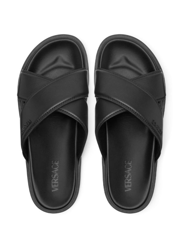 Browns Versace Black Crossover Leather Slides | Browns Flip-Flops & Slides
