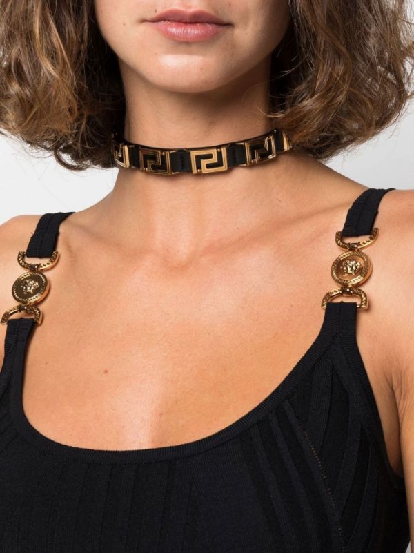Browns Versace Black La Greca Leather Choker Necklace | Browns Necklaces
