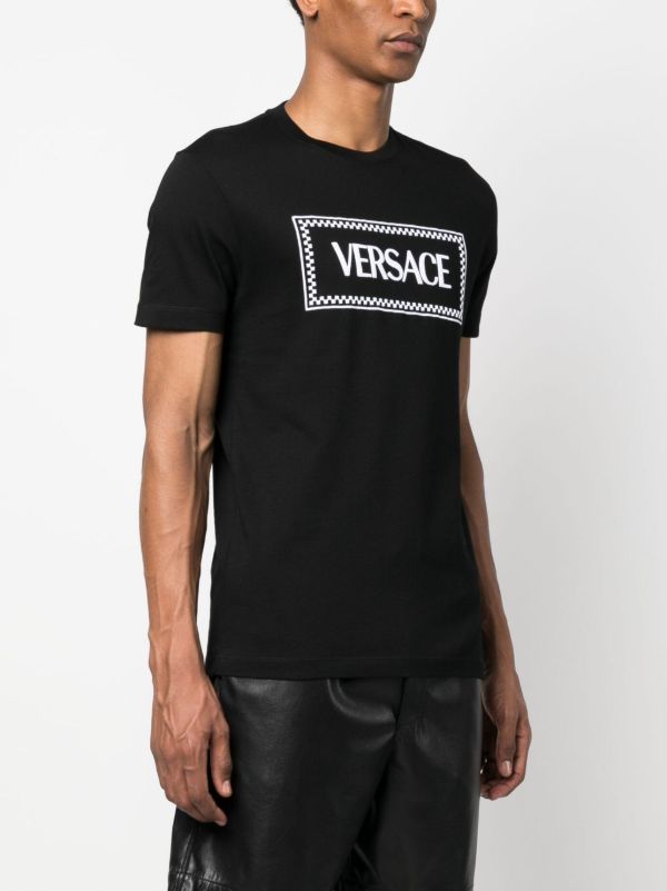Browns Versace Black Logo Embroidered Cotton T-Shirt | Browns T-Shirts