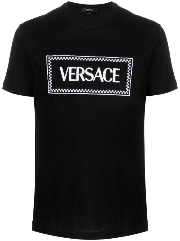 browns Versace Black Logo Embroidered Cotton T-Shirt | Browns T-Shirts