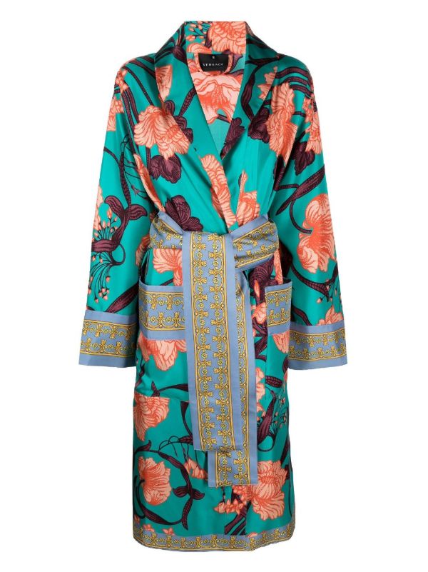 Browns Versace Blue Art Deco Flowers Printed Silk Robe | Browns Dressing Gowns & Robes