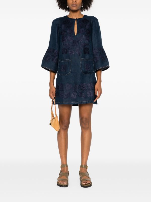 Browns Vita Kin Blue Floral-Embroidered Linen Mini Dress | Browns Day Dresses