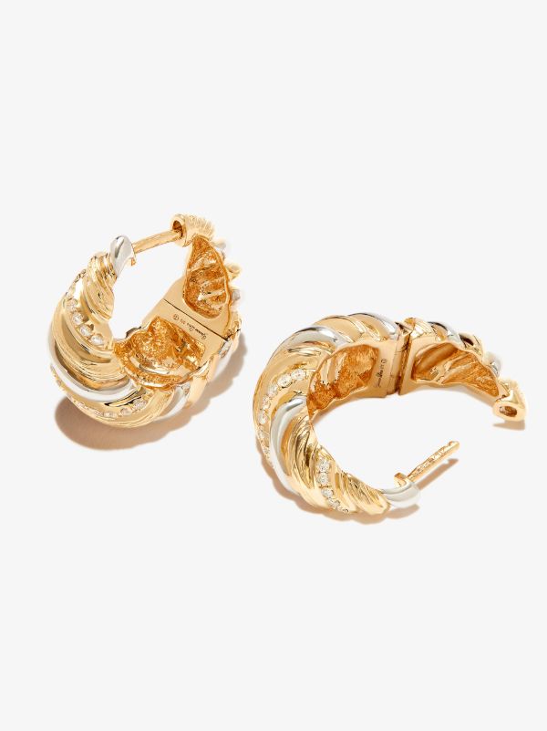 Browns Yvonne Léon 9K Yellow And White Gold Gaufrette Diamond Hoop Earrings | Browns Earrings