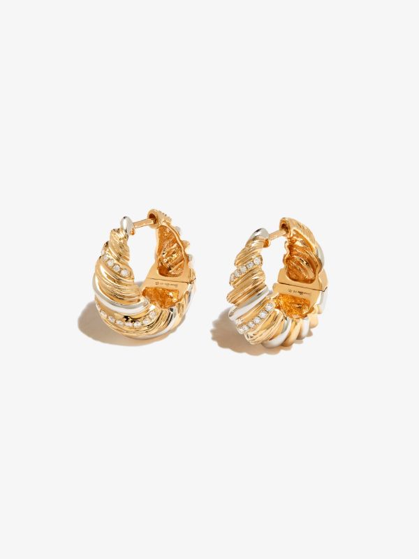 browns Yvonne Léon 9K yellow and white gold gaufrette diamond hoop earrings | Browns Earrings