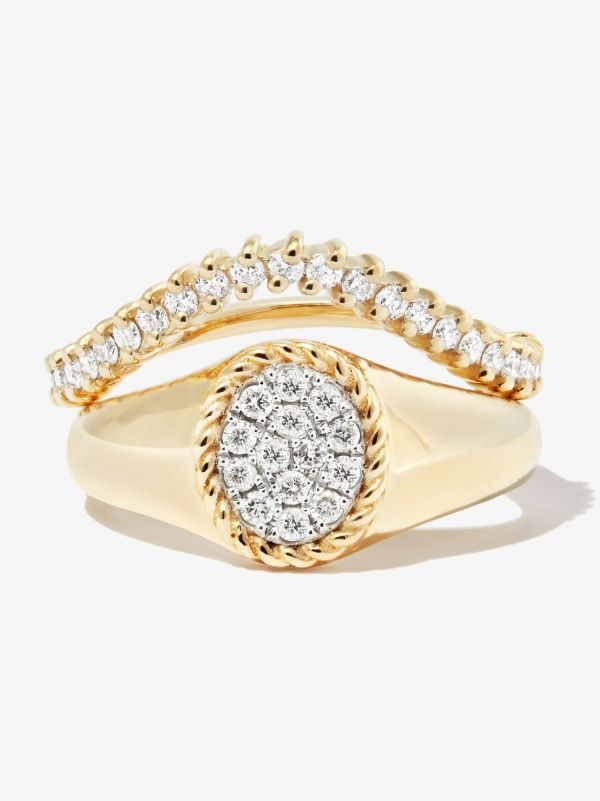 Browns Yvonne Léon 9K Yellow Gold Coeur & Vague Diamond Signet Ring Set | Browns Fine Rings