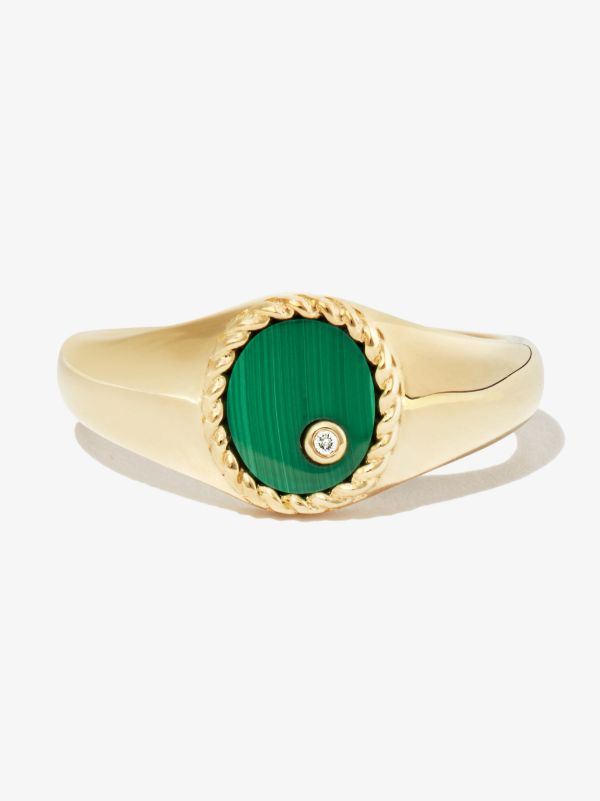 Browns Yvonne Léon 9K Yellow Gold Mini Ovale Malachite Diamond Signet Ring | Browns Fine Rings