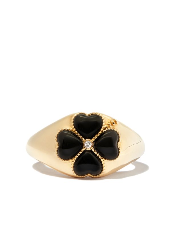 Browns Yvonne Léon 9K Yellow Gold Onyx Flower Diamond Signet Ring | Browns Rings