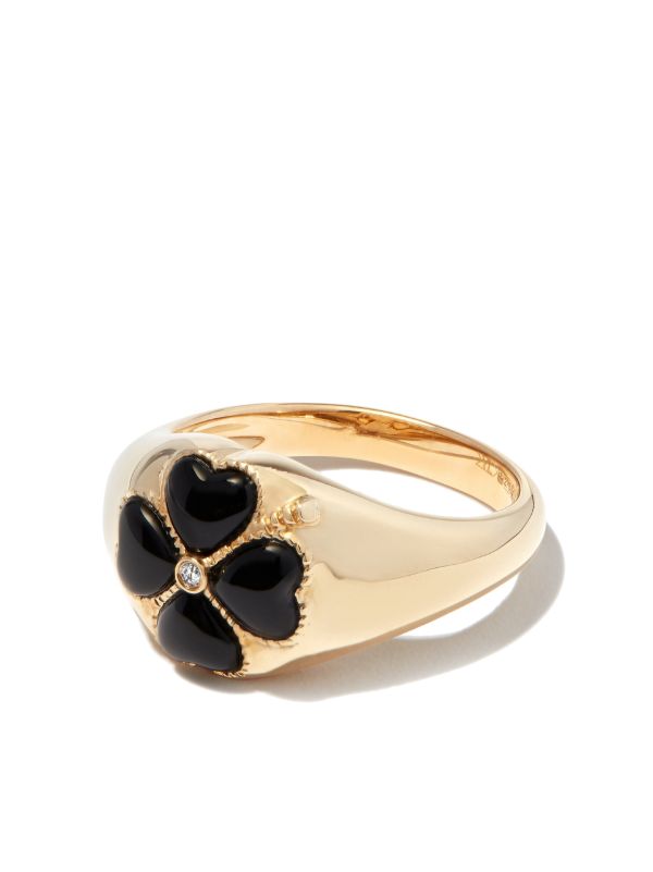 browns Yvonne Léon 9K Yellow Gold Onyx Flower Diamond Signet Ring | Browns Rings