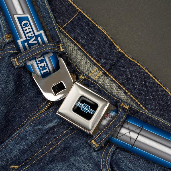 Buckle Down 1929 Chevrolet Bowtie Logo Full Color Black Silver Blue Seatbelt Belt - 1929 Chevrolet Bowtie Logo/Stripe Blue/Silver/Blue Webbing