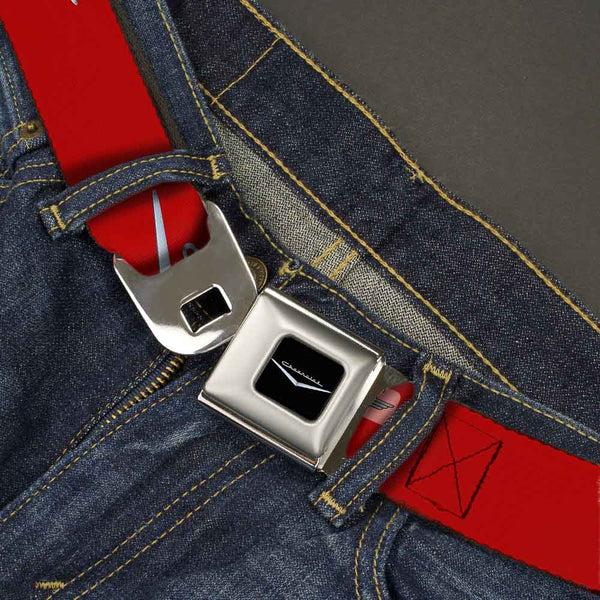 Buckle Down 1955-57 CHEVROLET V Emblem Full Color Black Silver Seatbelt Belt - 1955-57 CHEVROLET V Emblem Red/Silver Webbing