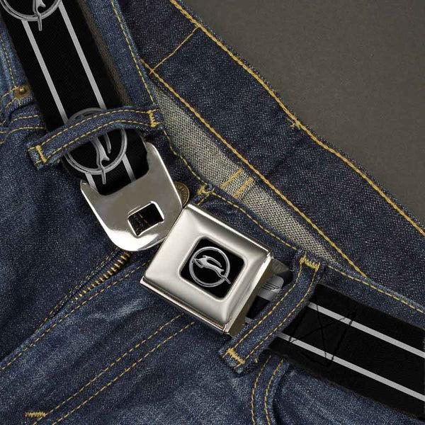 Buckle Down 1962 Chevrolet Impala Deer Emblem Full Color Black Silver Seatbelt Belt - 1962 Chevrolet Impala Deer Emblem/Stripe Black/Silver Webbing