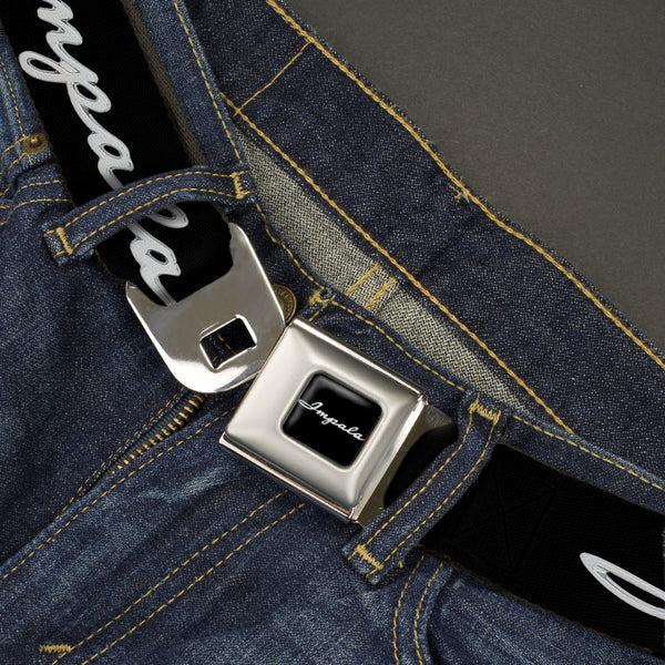 Buckle Down 1962 IMPALA Script Emblem Full Color Black Silver Seatbelt Belt - 1962 IMPALA Script Emblem Black/Silver Webbing