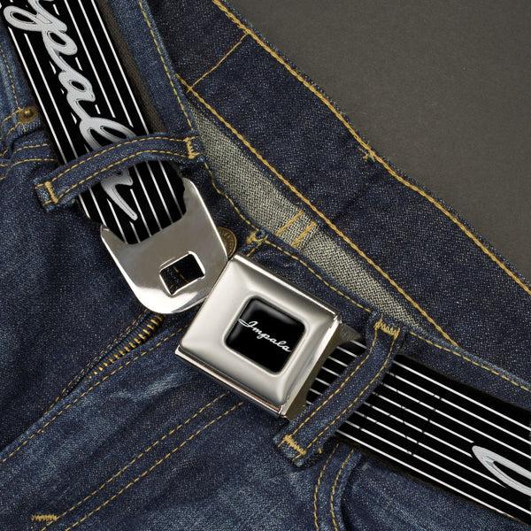 Buckle Down 1962 IMPALA Script Emblem Full Color Black Silver Seatbelt Belt - 1962 IMPALA Script Emblem/Stripe Black/White/Silver Webbing