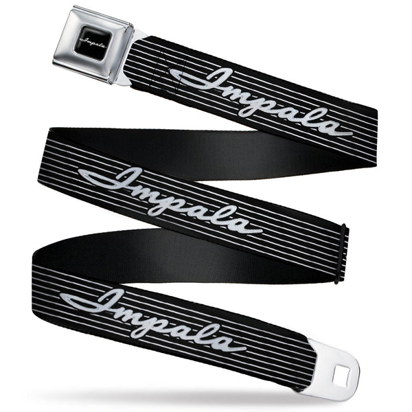 buckle down 1962 IMPALA Script Emblem Full Color Black Silver Seatbelt Belt - 1962 IMPALA Script Emblem/Stripe Black/White/Silver Webbing