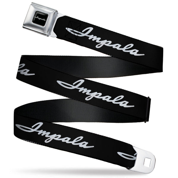 buckle down 1962 IMPALA Script Emblem Full Color Black Silver Seatbelt Belt - 1962 IMPALA Script Emblem Black/Silver Webbing