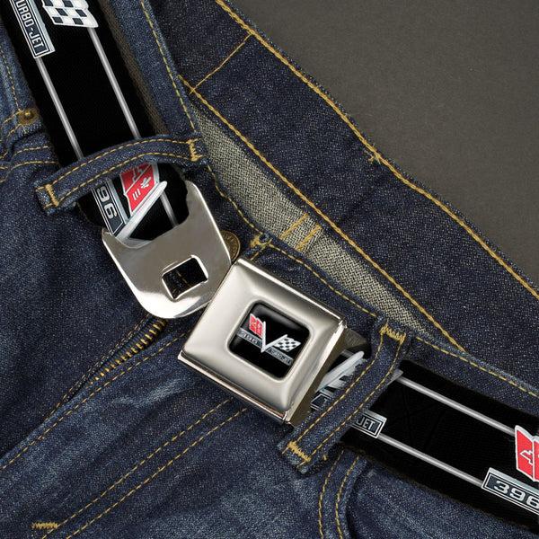 Buckle Down 1967 Impala 396 TURBO-JET V Emblem Full Color Black Silver Red White Seatbelt Belt - 1967 Impala 396 TURBO-JET V Emblem/Stripe Black/Silver/Red/White Webbing