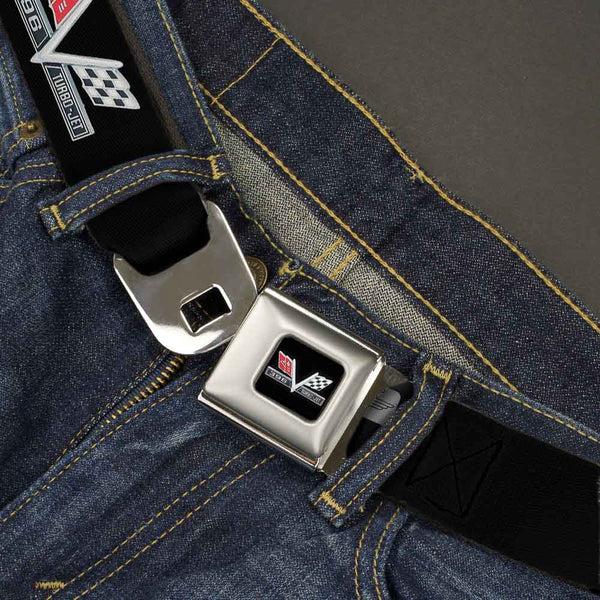 Buckle Down 1967 Impala 396 TURBO-JET V Emblem Full Color Black Silver Red White Seatbelt Belt - 1967 Impala 396 TURBO-JET V Emblem Black/Silver/Red/White Webbing