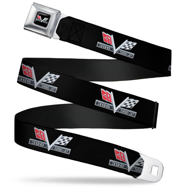 buckle down 1967 Impala 396 TURBO-JET V Emblem Full Color Black Silver Red White Seatbelt Belt - 1967 Impala 396 TURBO-JET V Emblem Black/Silver/Red/White Webbing