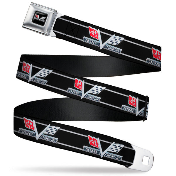 buckle down 1967 Impala 396 TURBO-JET V Emblem Full Color Black Silver Red White Seatbelt Belt - 1967 Impala 396 TURBO-JET V Emblem/Stripe Black/Silver/Red/White Webbing