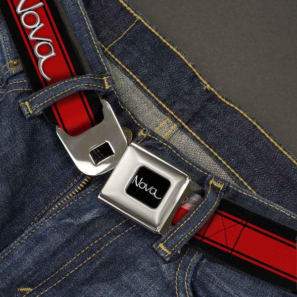 Buckle Down 1968-72 NOVA Script Emblem Full Color Black Silver Seatbelt Belt - 1968-72 NOVA Script Emblem/Stripe Black/Red/Silver Webbing