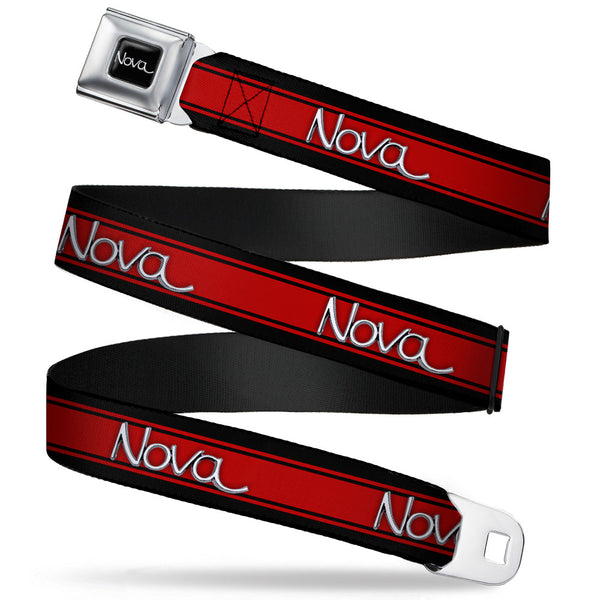 buckle down 1968-72 NOVA Script Emblem Full Color Black Silver Seatbelt Belt - 1968-72 NOVA Script Emblem/Stripe Black/Red/Silver Webbing