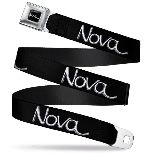 buckle down 1968-72 NOVA Script Emblem Full Color Black Silver Seatbelt Belt - 1968-72 NOVA Script Emblem Black/Silver Webbing