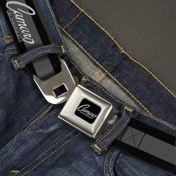 Buckle Down 1969 CAMARO BY CHEVROLET Emblem Full Color Black Silver Seatbelt Belt - 1969 CAMARO BY CHEVROLET Emblem/Stripe Black/Gray/Silver Webbing