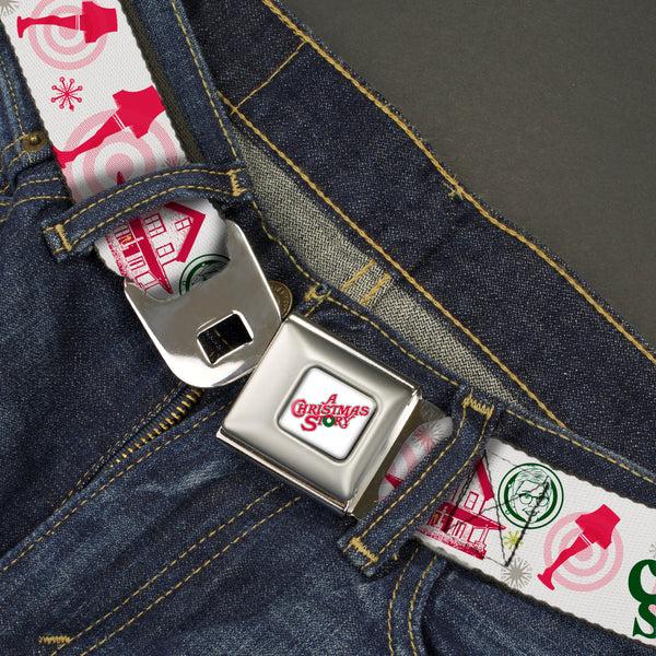 Buckle Down A CHRISTMAS STORY Wreath Logo Full Color White Seatbelt Belt - A Christmas Story Icons Collage White/Reds/Greens Webbing