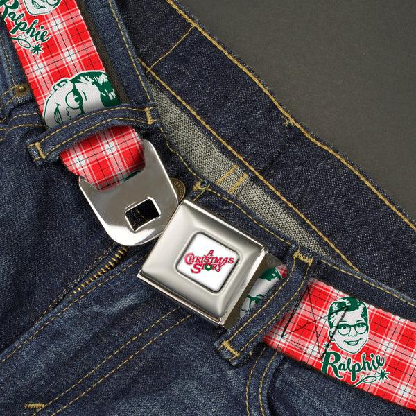 Buckle Down A CHRISTMAS STORY Wreath Logo Full Color White Seatbelt Belt - A Christmas Story RALPHIE Smiling Face Plaid Red/White/Green Webbing