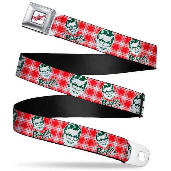 buckle down A CHRISTMAS STORY Wreath Logo Full Color White Seatbelt Belt - A Christmas Story RALPHIE Smiling Face Plaid Red/White/Green Webbing
