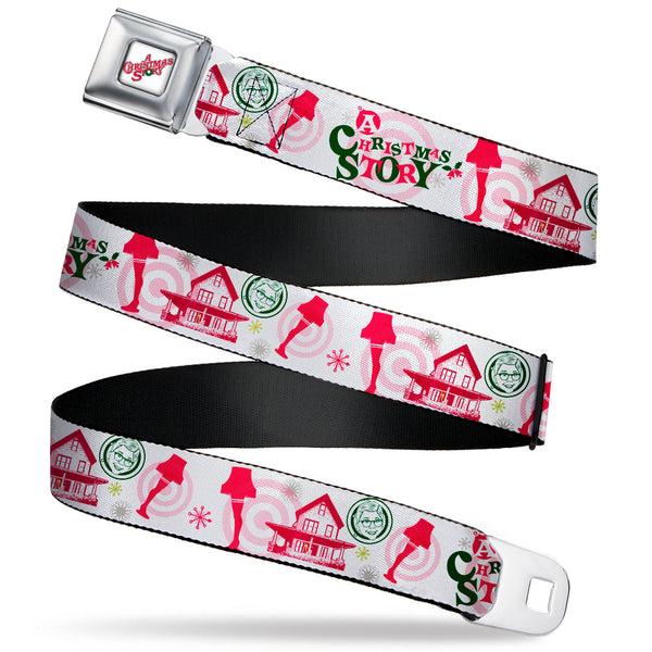 buckle down A CHRISTMAS STORY Wreath Logo Full Color White Seatbelt Belt - A Christmas Story Icons Collage White/Reds/Greens Webbing