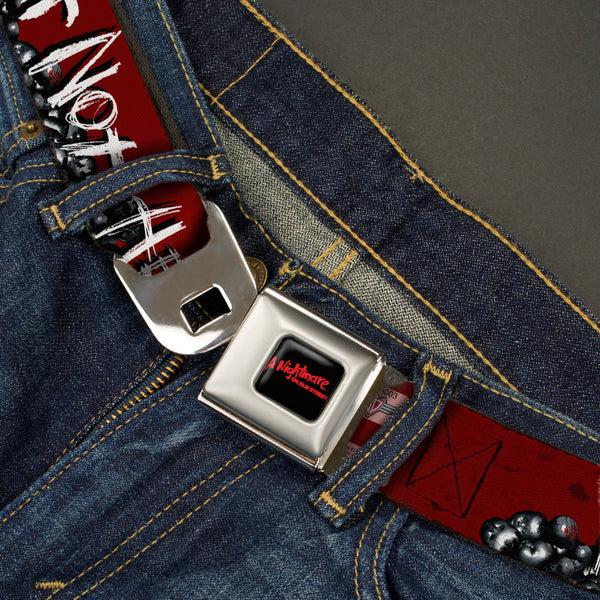 Buckle Down A NIGHTMARE ON ELM STREET Full Color Black/Blood Splatter Reds Seatbelt Belt - A NIGHTMARE ON ELM STREET/READY OR NOT HERE I COME/Freddy Pose/Skulls Reds/Black/Grays/White Webbing