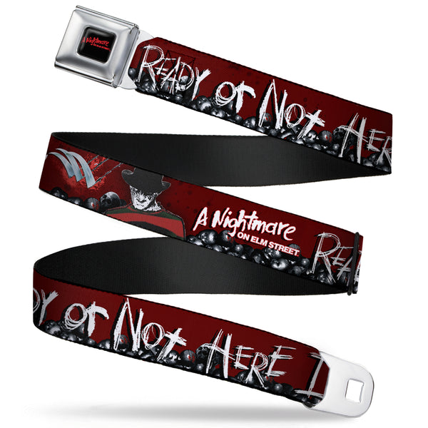 Buckle Down A NIGHTMARE ON ELM STREET Full Color Black/Blood Splatter Reds Seatbelt Belt - A NIGHTMARE ON ELM STREET/READY OR NOT HERE I COME/Freddy Pose/Skulls Reds/Black/Grays/White Webbing